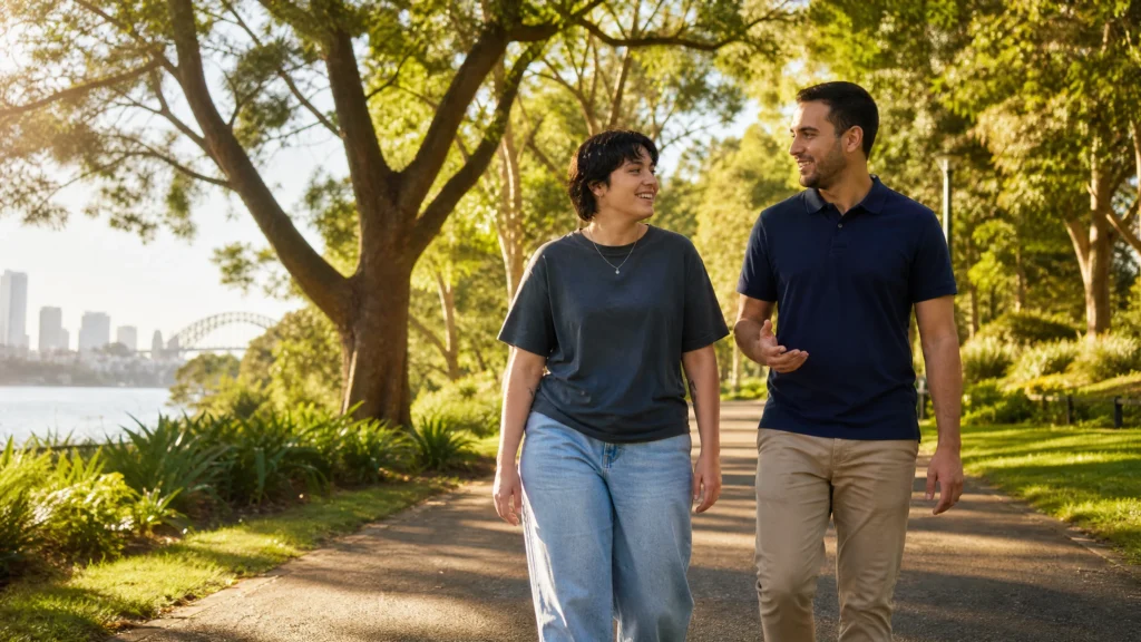 Support worker in navy polo shirt walking and talking with a young adult participant along a sunny tree-lined path near Sydney Harbour