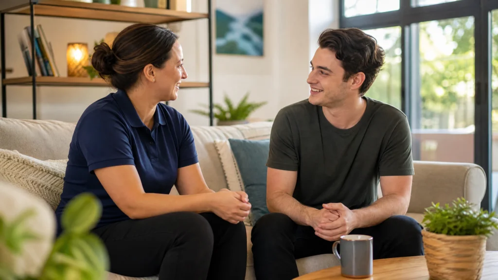 Support worker in navy polo shirt having a warm, open conversation with a young adult participant on a couch in a bright home living room
