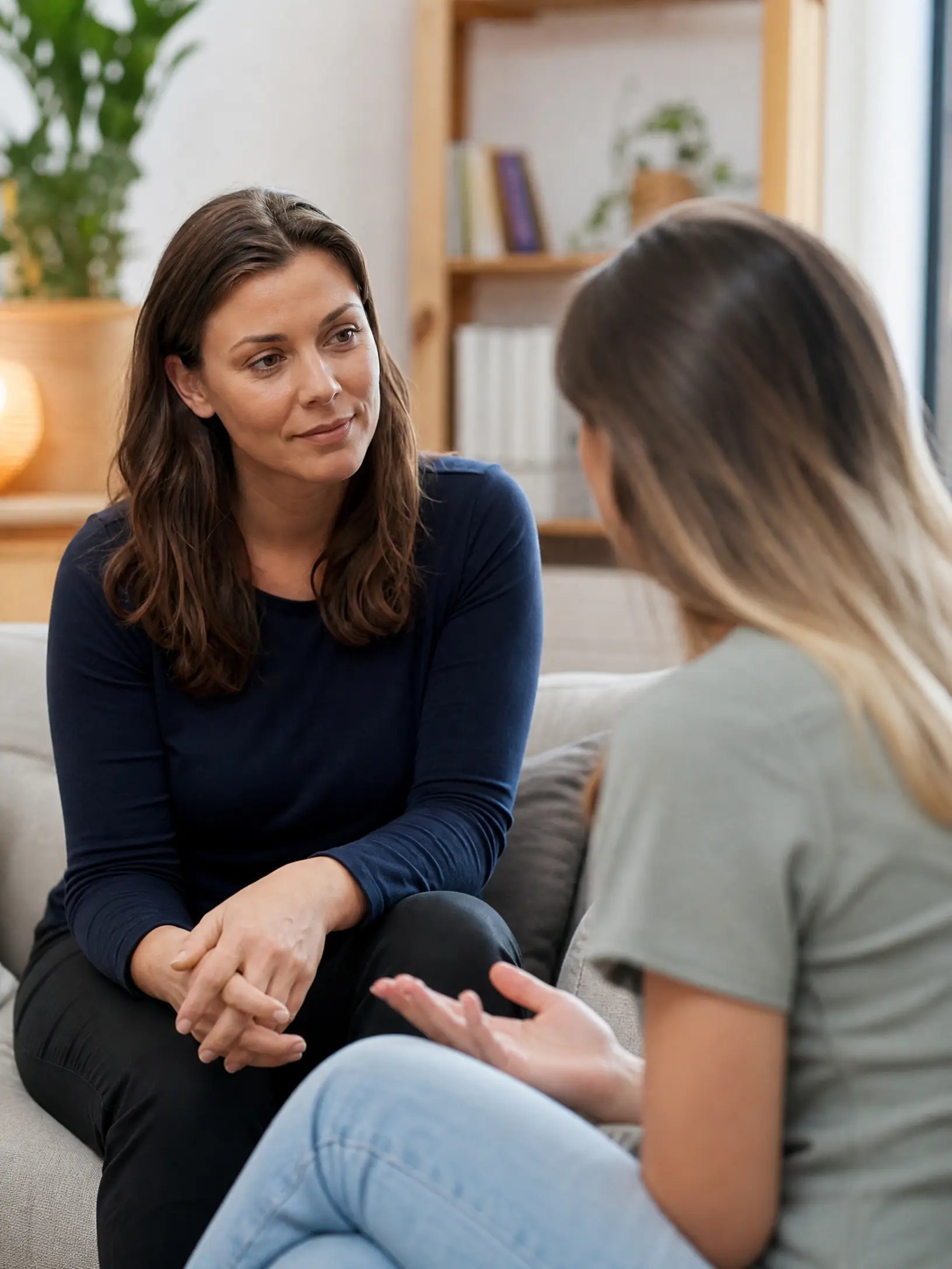 A Lanara support worker in a navy top sitting on a couch and listening attentively to a young female participant in a bright, plant-filled home setting