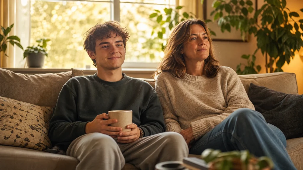 A young adult and an older woman sitting side by side on a couch in a warm, plant-filled living room, both relaxed and facing forward in a quiet, companionable moment