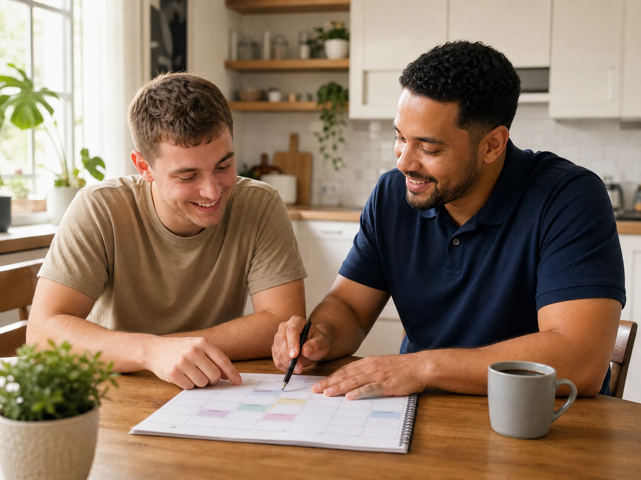 Support worker in navy polo shirt reviewing a weekly planner with a young adult participant at a bright kitchen table