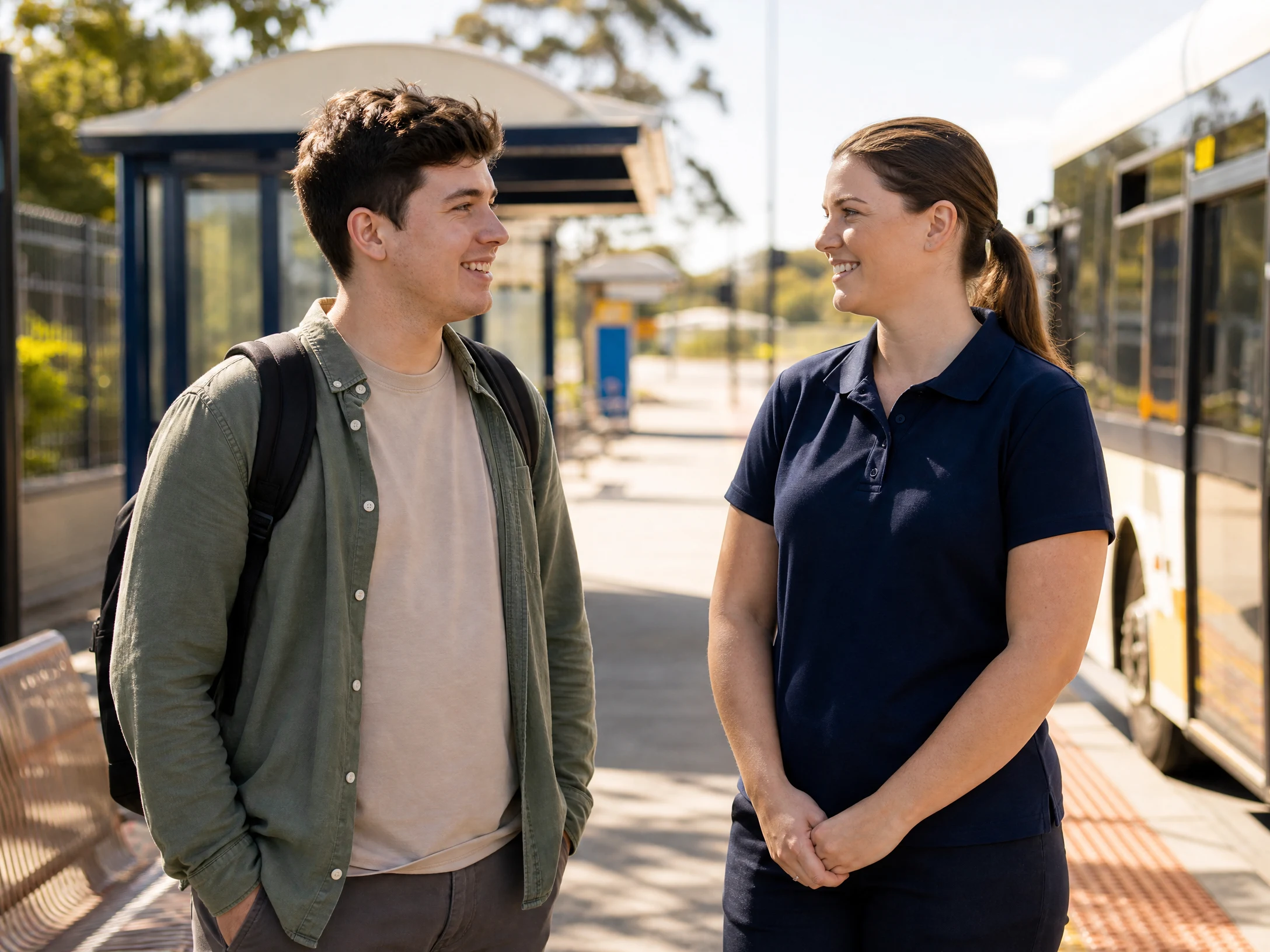 Support worker in navy polo shirt and a young adult participant chatting at a sunny Sydney bus stop