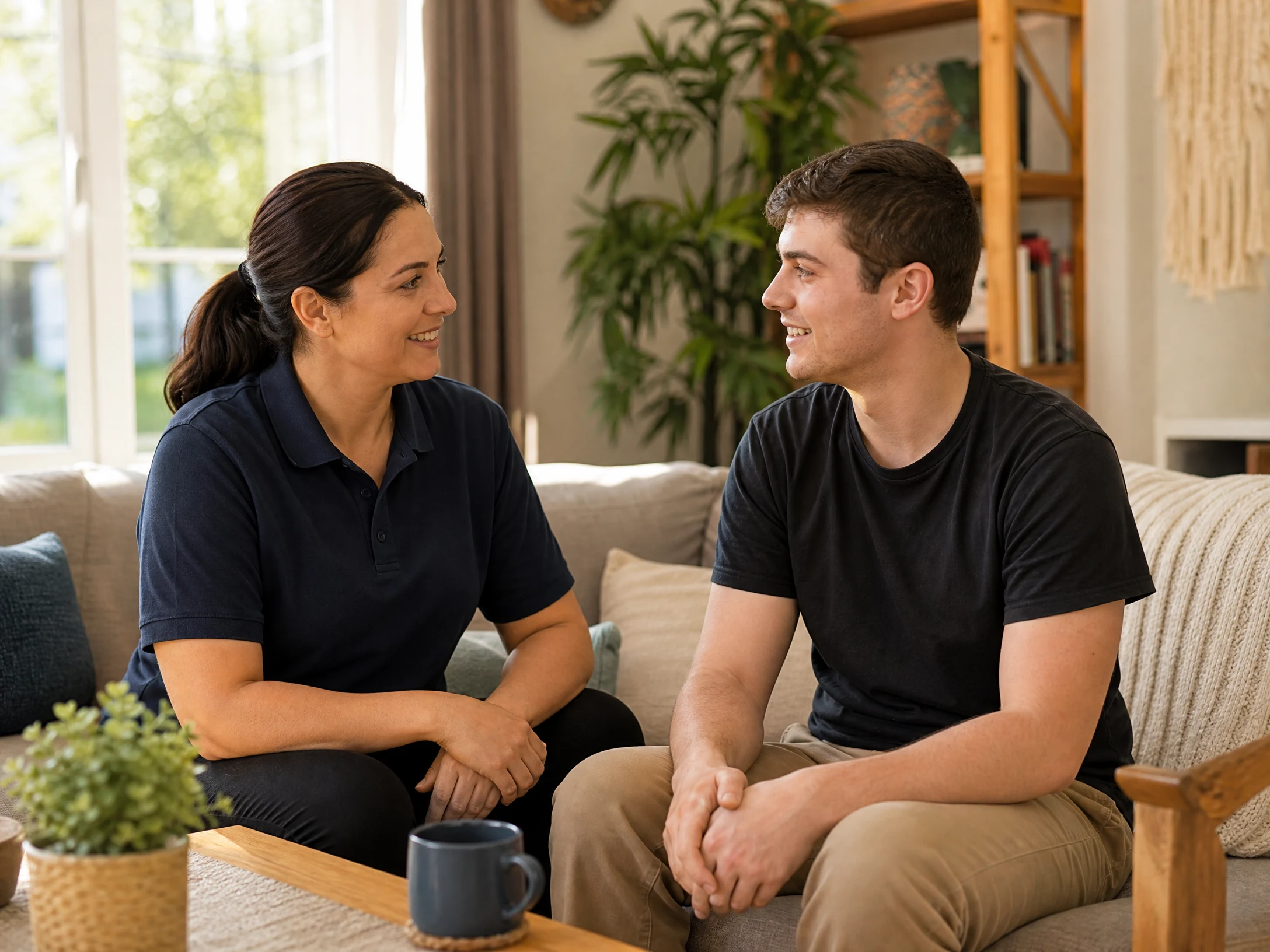 Support worker in navy polo shirt sitting with a young adult participant on a couch in a bright home living room, both relaxed and engaged in conversation