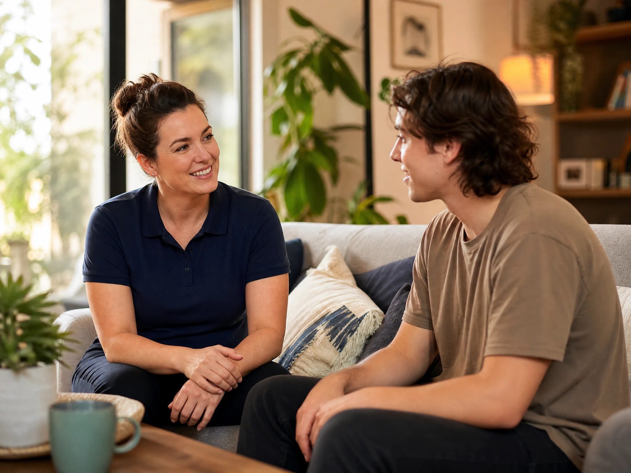 Support worker in navy polo shirt having a warm conversation with a young adult participant on a couch in a home living room