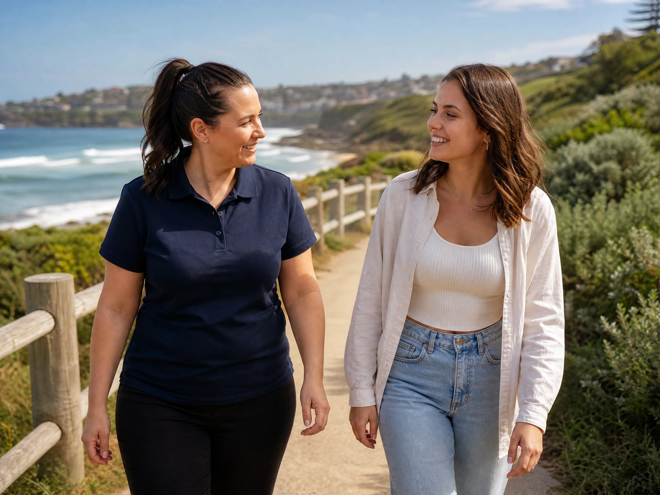 Support worker in navy polo shirt walking along a sunny coastal path with a young woman, both smiling