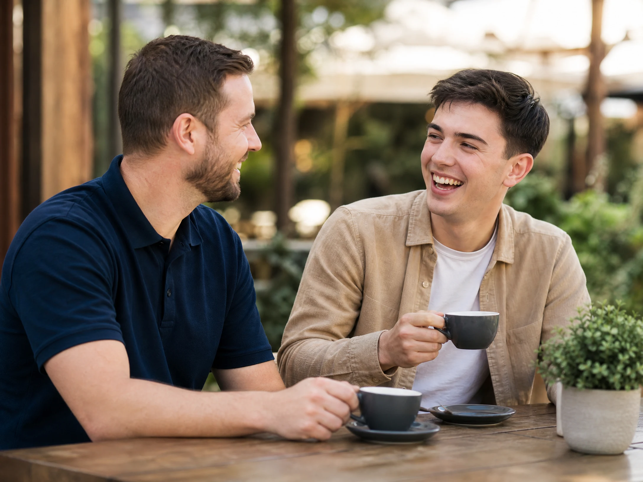 Support worker in navy polo shirt laughing with a young man over coffee at an outdoor cafe