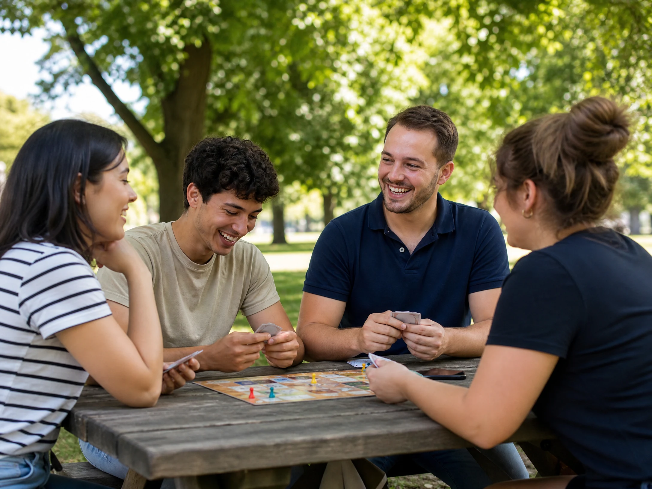 Support worker in navy polo shirt playing a board game with a group of young adults at an outdoor picnic table in a park