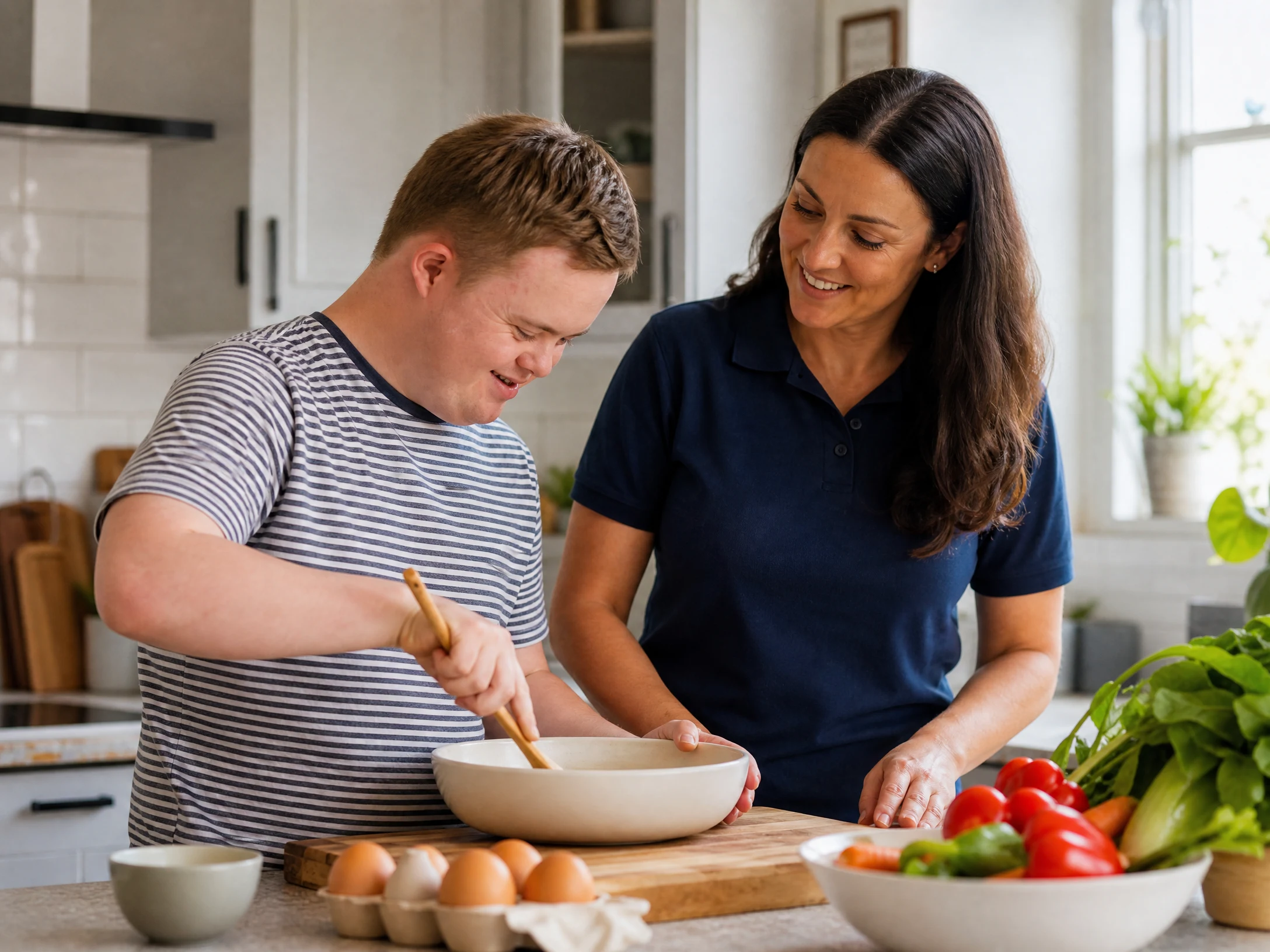 Support worker in navy polo shirt encouraging a participant to cook in a bright home kitchen