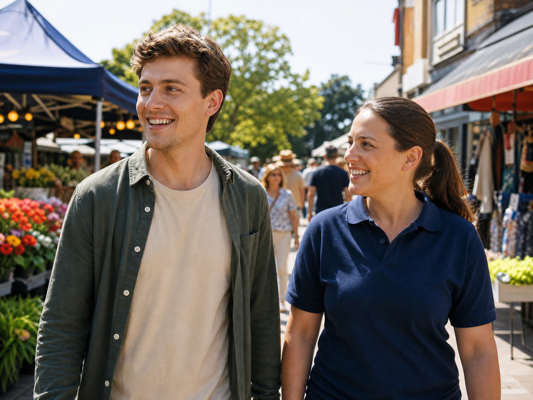 Support worker in navy polo shirt walking through a sunny outdoor market with a young adult participant, both smiling
