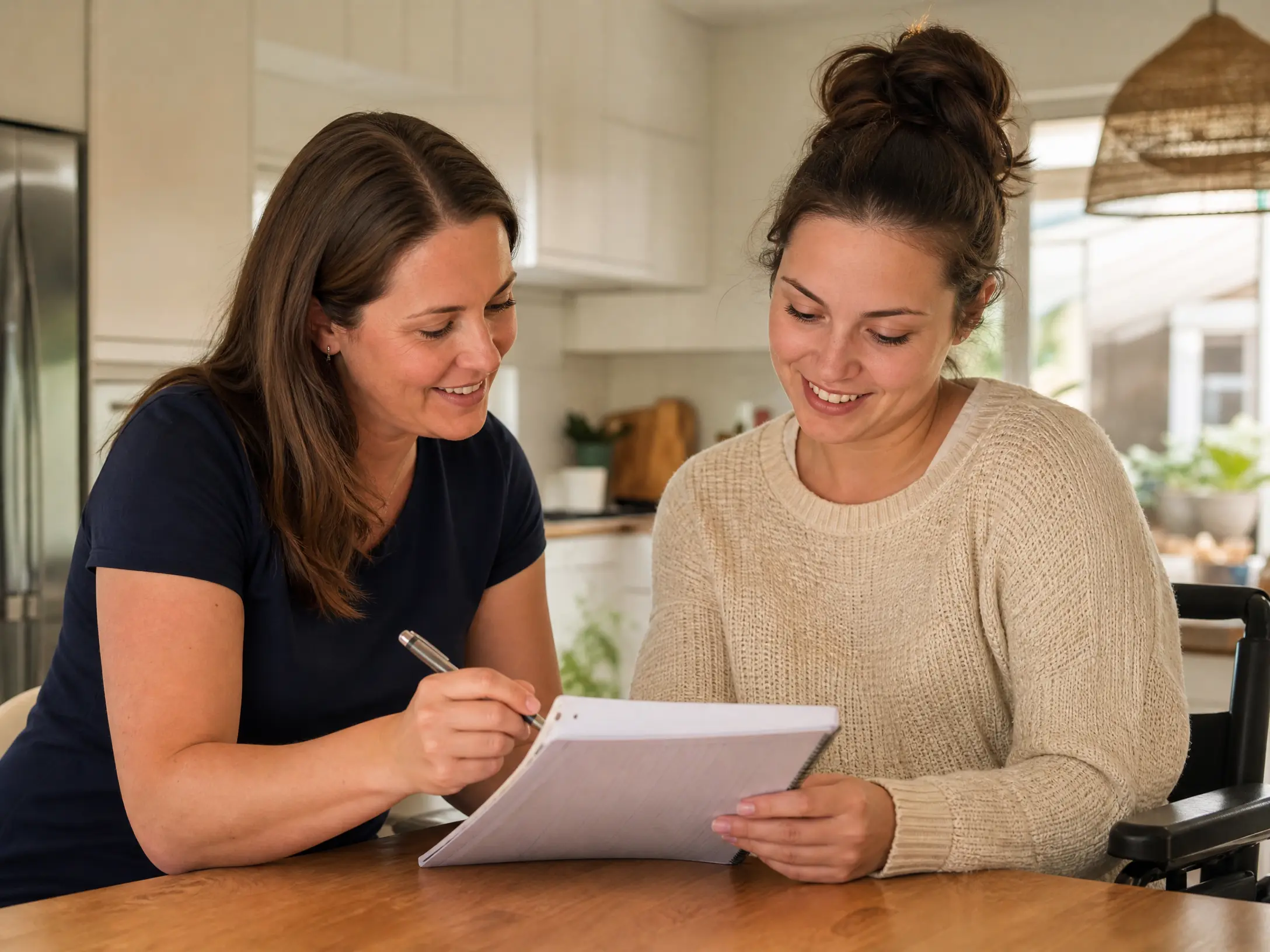 A Lanara support worker in a navy top and a young female participant reviewing a support plan together at a kitchen table in a bright modern home