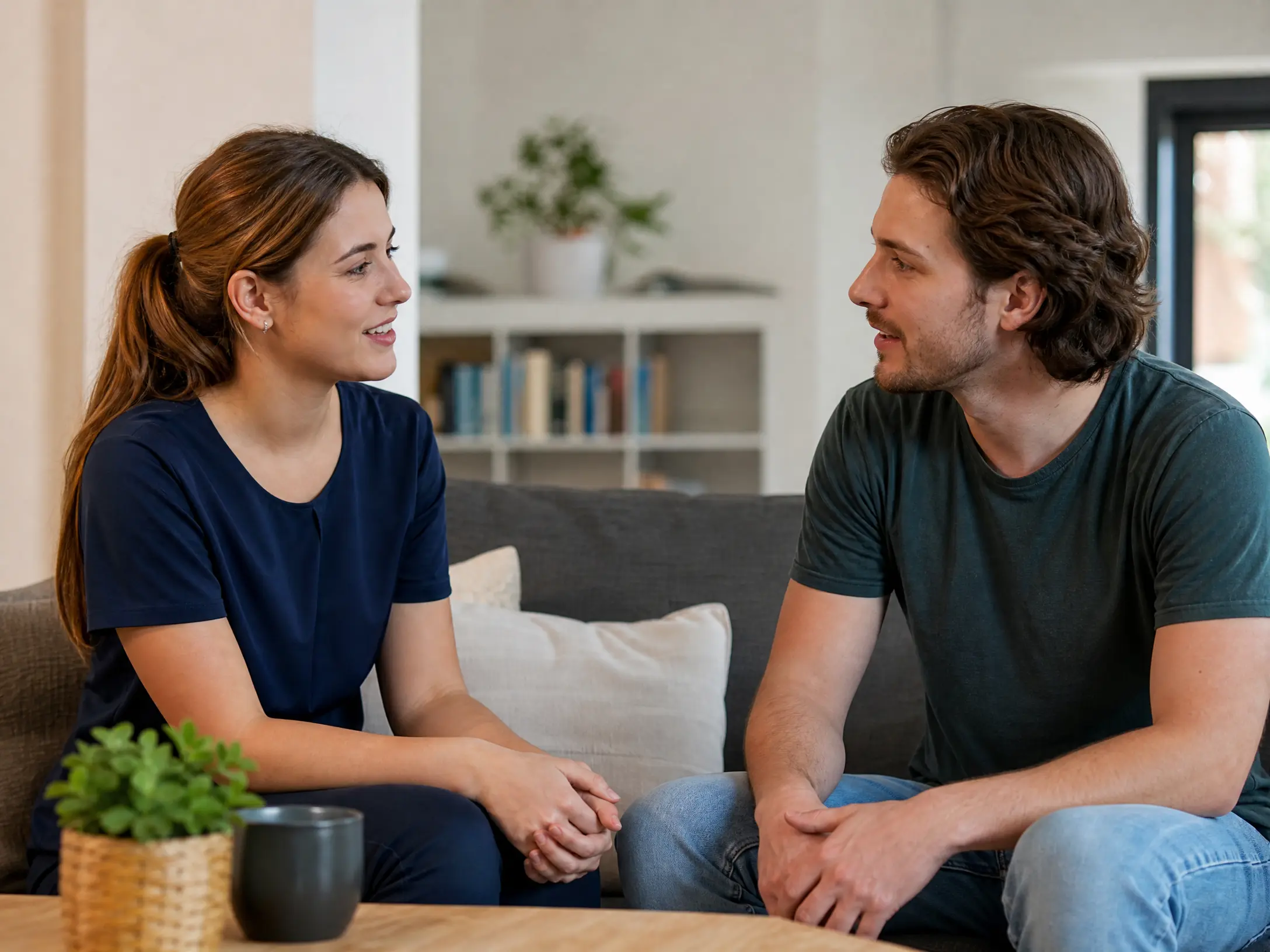 A Lanara support worker in a navy top sitting on a couch with a young male participant, engaged in a warm and attentive conversation in a bright home setting