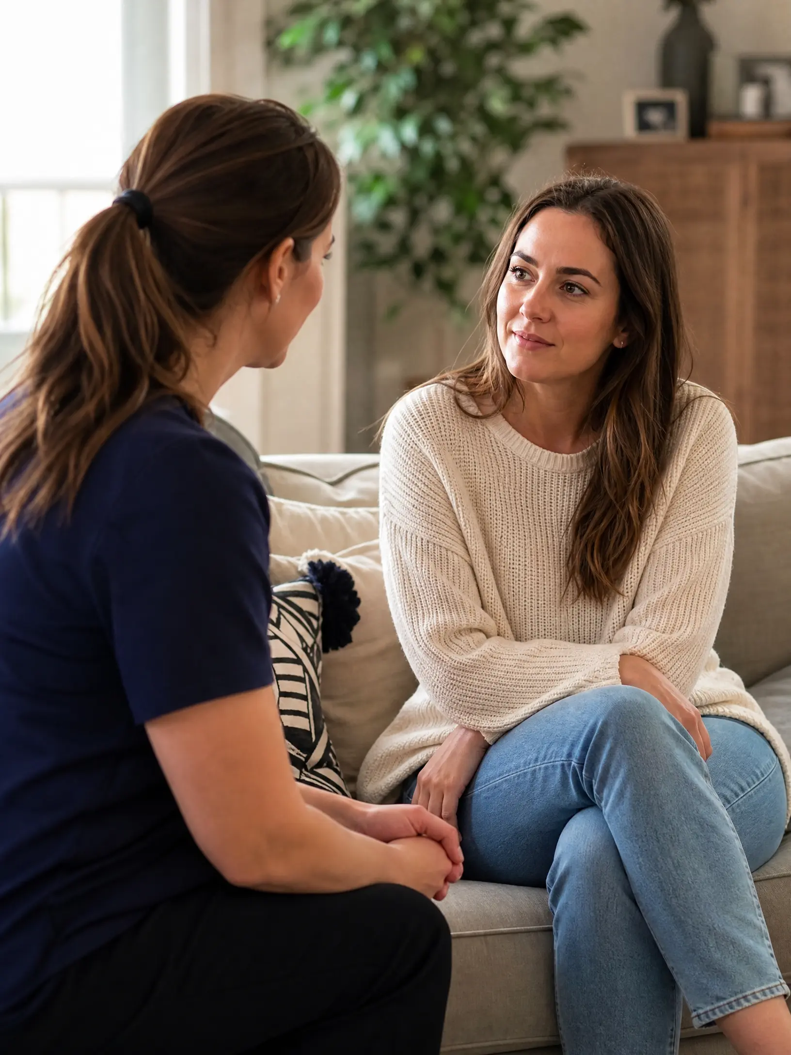 A Lanara support worker in a navy top sitting attentively across from a young female participant on a couch in a bright home setting, engaged in a warm and open conversation