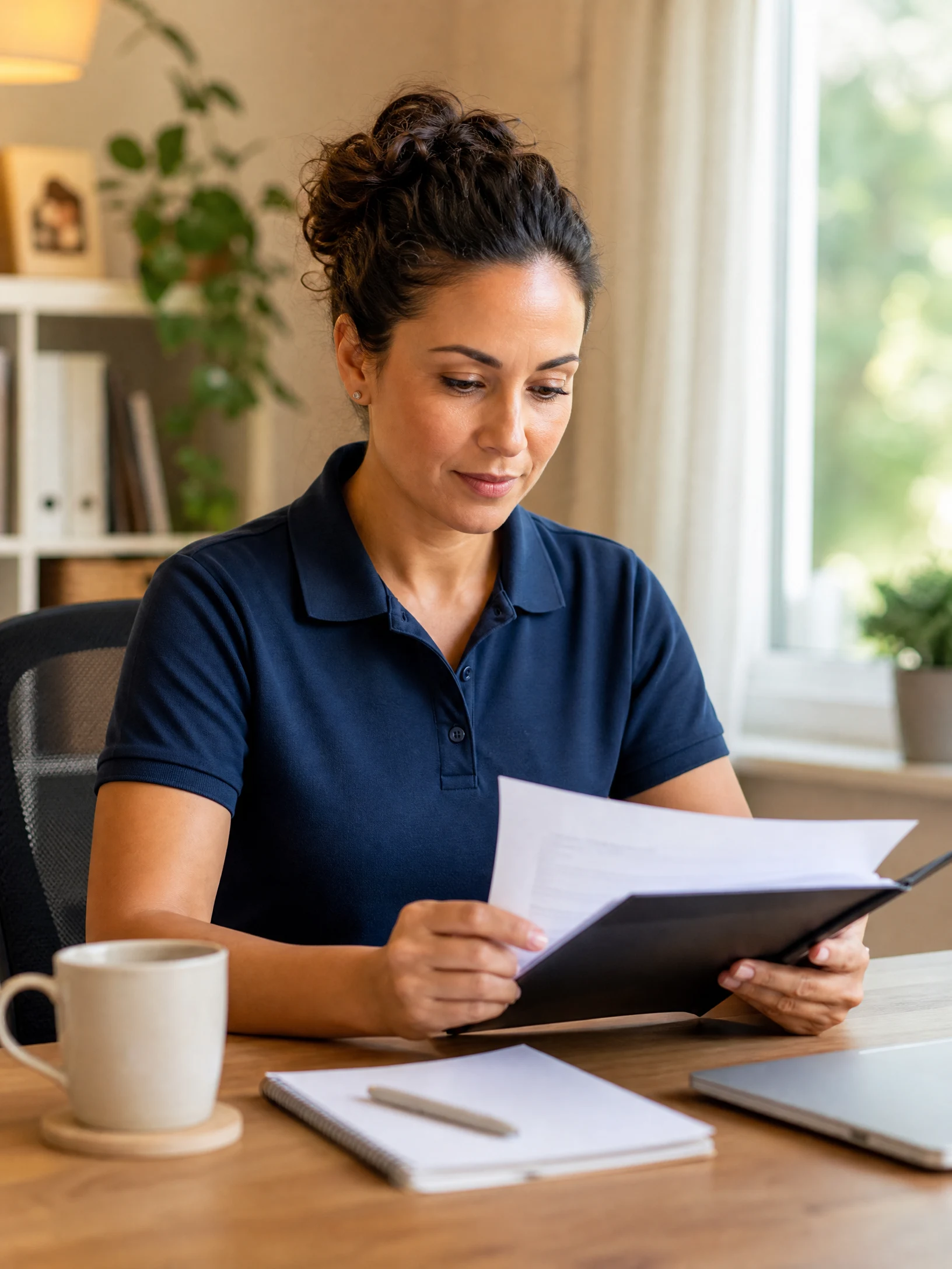 Support worker in navy polo shirt reviewing referral documents at a home office desk