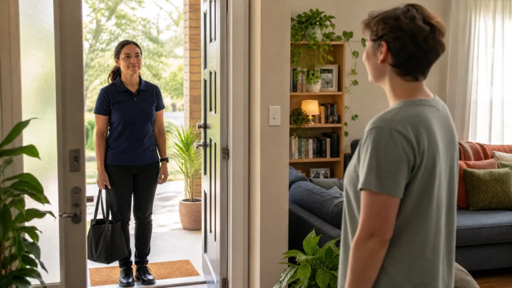 Support worker in navy polo shirt standing respectfully at an open front door with a tote bag, while a young adult participant stands inside their warm, plant-filled home looking towards her