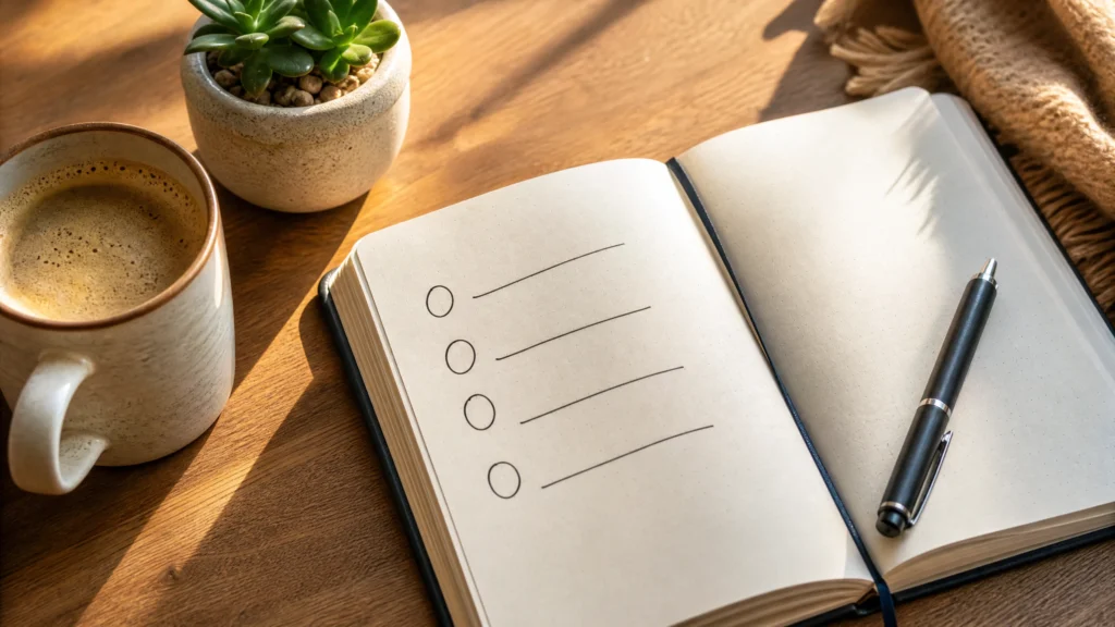 Open notebook with a goal checklist on a warm wooden desk, beside a ceramic coffee mug and a small succulent plant, with soft morning light