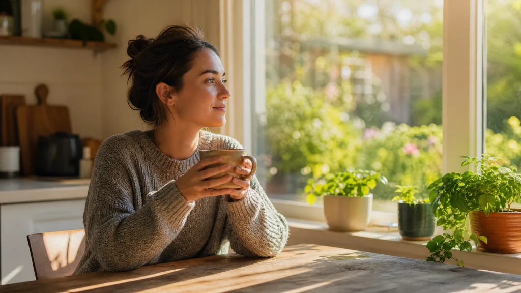 Young woman in a cosy knit sweater holding a warm ceramic mug, gazing out a sunny kitchen window at a lush green garden
