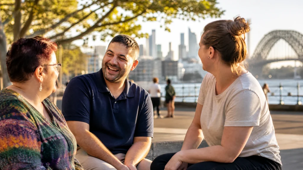A support worker in a navy polo shirt laughing with two participants seated on a low wall along the Sydney waterfront, with the Harbour Bridge and city skyline visible in the background