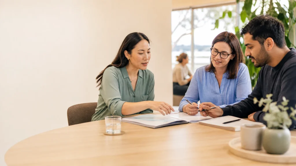 Three allied health professionals reviewing a psychosocial support plan at a table in a bright Sydney wellbeing space.