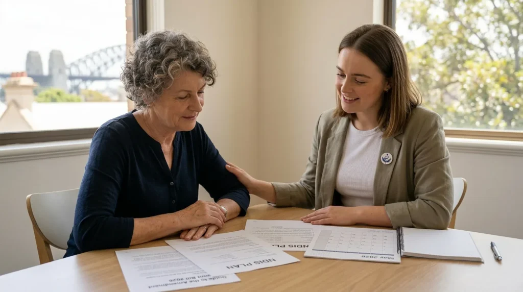 A woman reviewing NDIS plan documents at a table with a support coordinator in a bright Sydney office, with the Sydney Harbour Bridge visible through the window